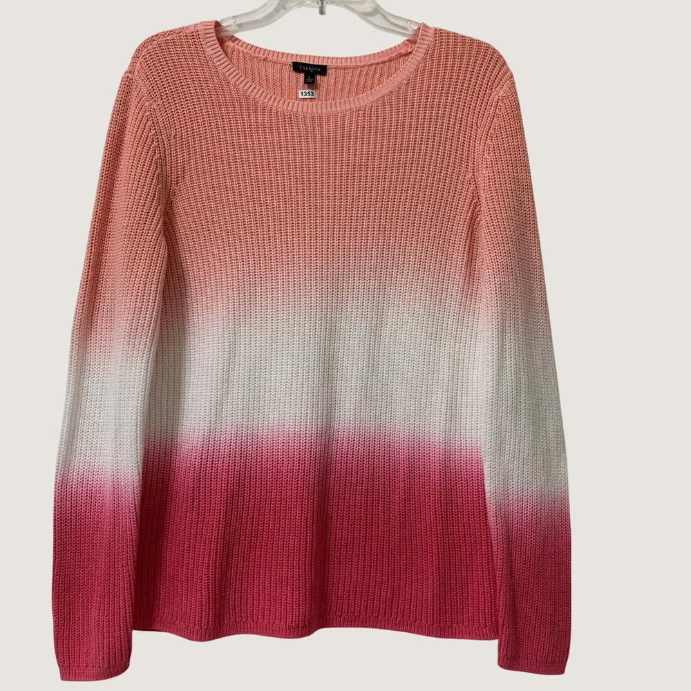 Talbots Sweater Women L Pink White Peach Ombre Long Sleeve Cotton Shaker Knit